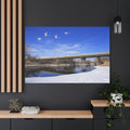 Satsandstripes.com Jackson Bridge Matte Canvas, Stretched 1.25" - Scenic River & White Swans Wall Art - Customizable Nature Landscape Decor - 6 sizes