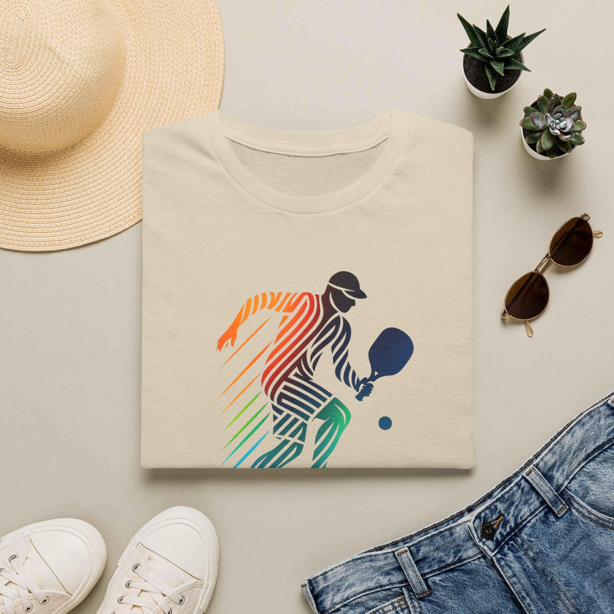 Sats and Stripes Pickleball Motion Tee Dynamic Player Design for Athletes & Enthusiasts Sand Folded