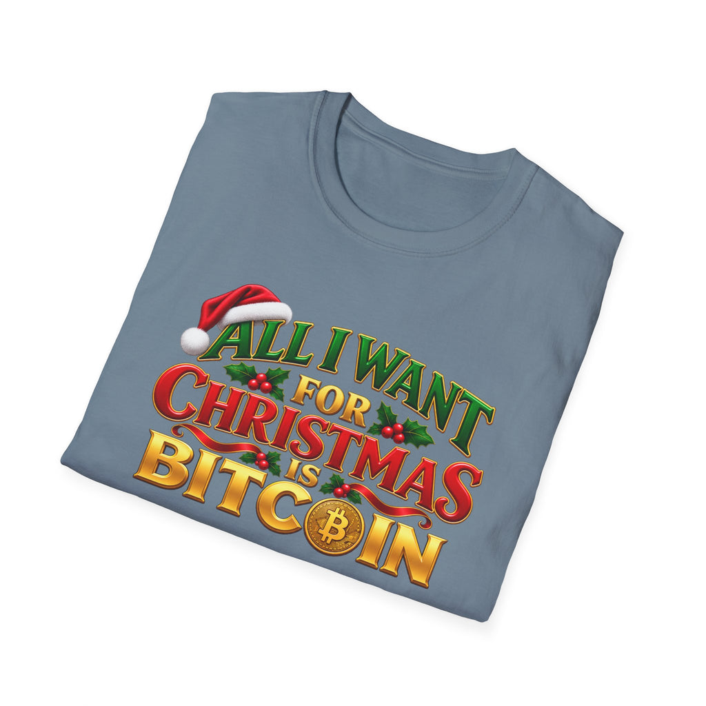 SatsandStripes.com All I Want for Christmas Is Bitcoin T-Shirt – Funny Crypto Holiday Tee for Bitcoin Lovers Stone Blue Folded