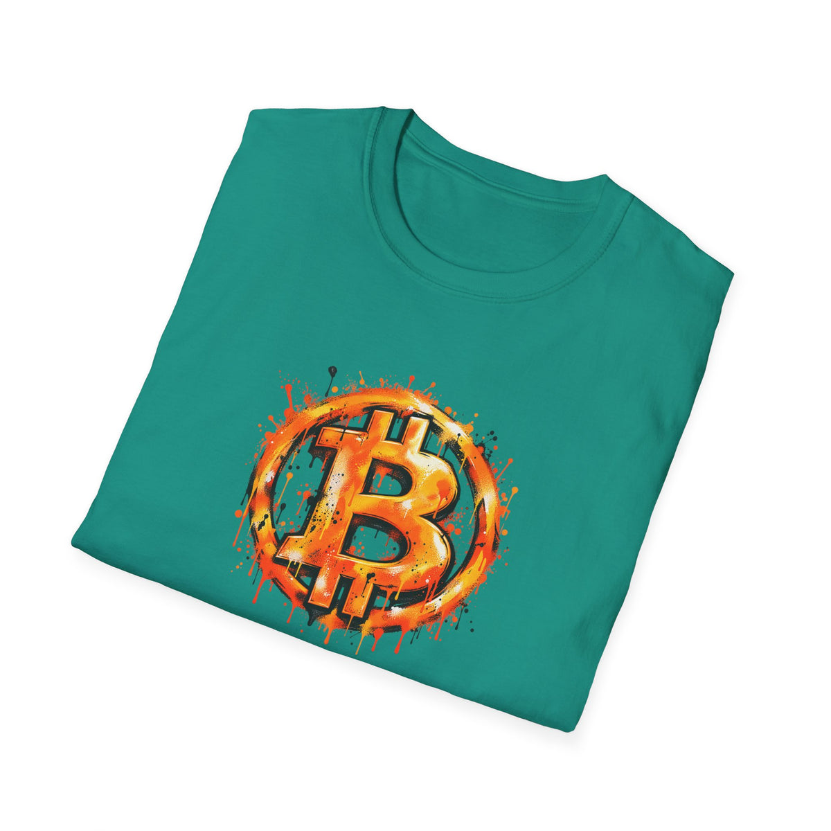 SatsandStripes.com Bitcoin Graffiti Spray Paint Softstyle® T-Shirt  Bold BTC Street Art Graphic Tee Jade Folded