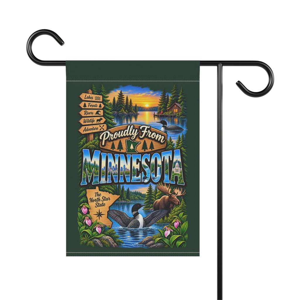 SatsandStripes.com Proudly From Minnesota Garden Flag 12 x 18 – North Star State Lakes, Loons & Moose Outdoor Decor