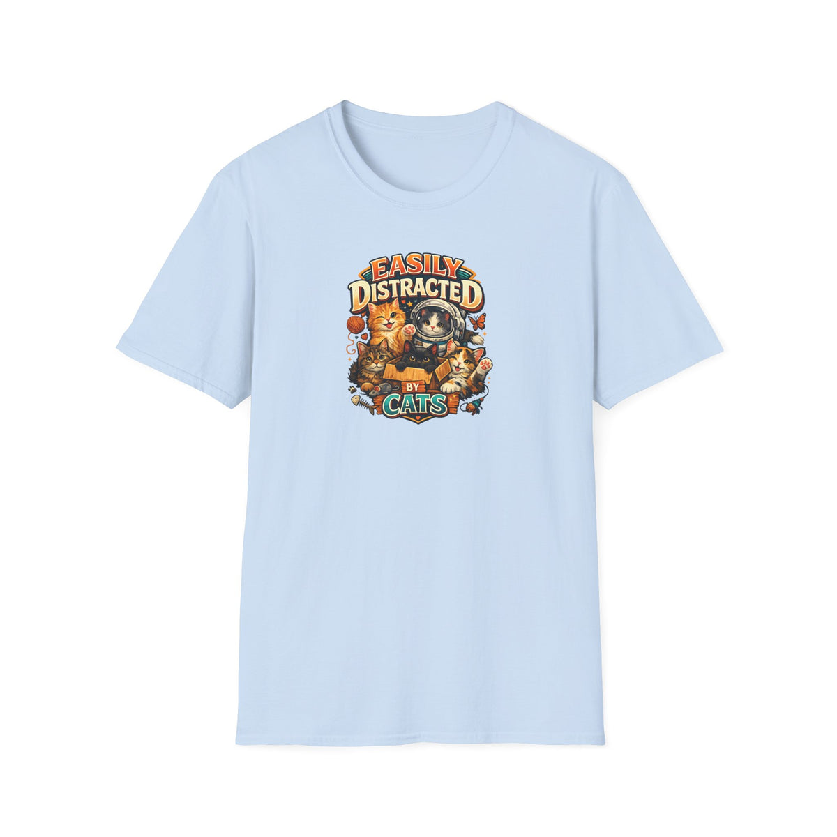 SatsandStripes.com Easily Distracted by Cats T-Shirt Cute Cat Lover Shirt Funny Cat Mom Tee Cozy Pet Lover Gift Light Blue