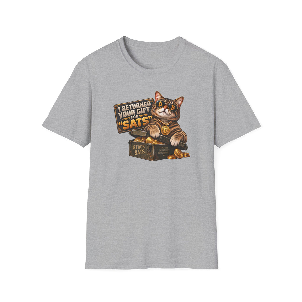 SatsandStripes.com I Returned Your Gift for Sats T-Shirt Funny Bitcoin Cat Graphic Tee Crypto Holiday Tee for Bitcoin Lovers Grey
