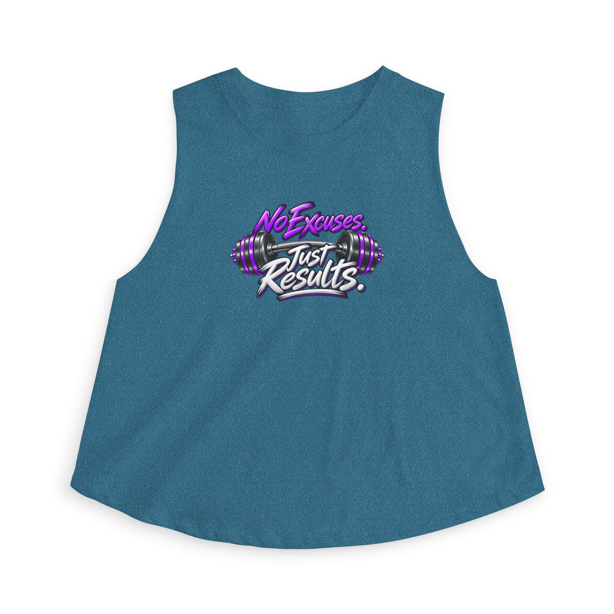 SatsandStripes.com Purple No Excuses. Just Results. Women’s Fitness Crop Top – Purple Barbell Workout Shirt Teal