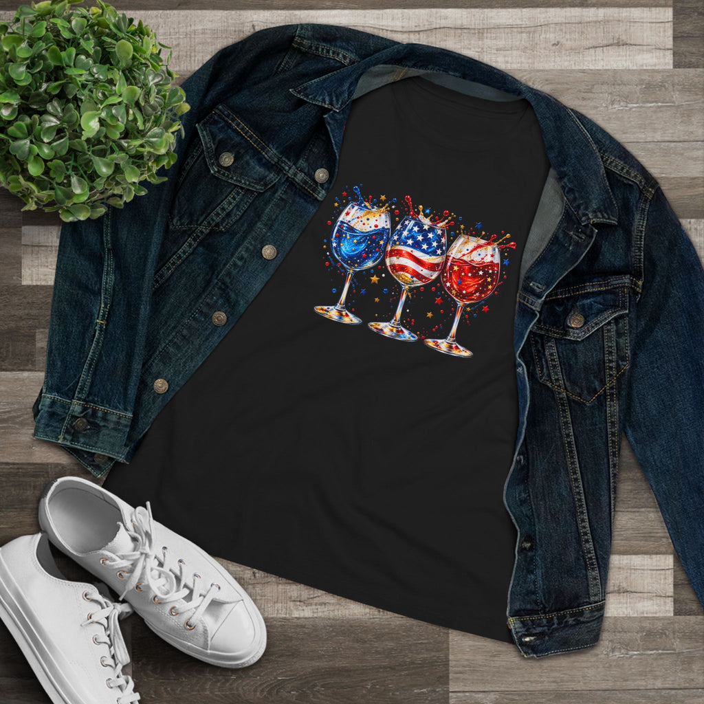 SatsandStripes.com Patriotic Wine Glass Women's T-Shirt – Red White & Blue USA Graphic Tee Black with Jean Jacket