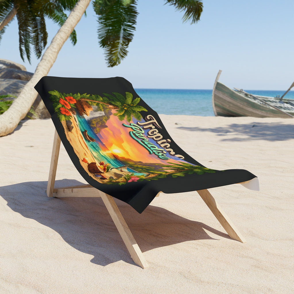 Tropical Paradise Sunset Beach Towel Palm Trees, Hibiscus, Ocean Scene 2 sizes
