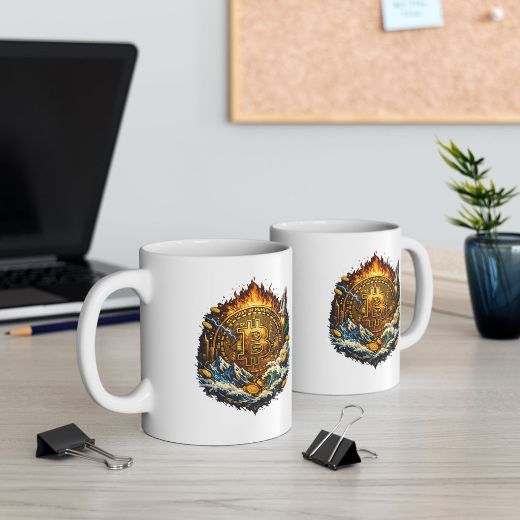 Bitcoin Coffee Mug Crypto Art Mug Fire & Water Bitcoin Design Cryptocurrency Gift BTC Lover Coffee Cup 11 oz.