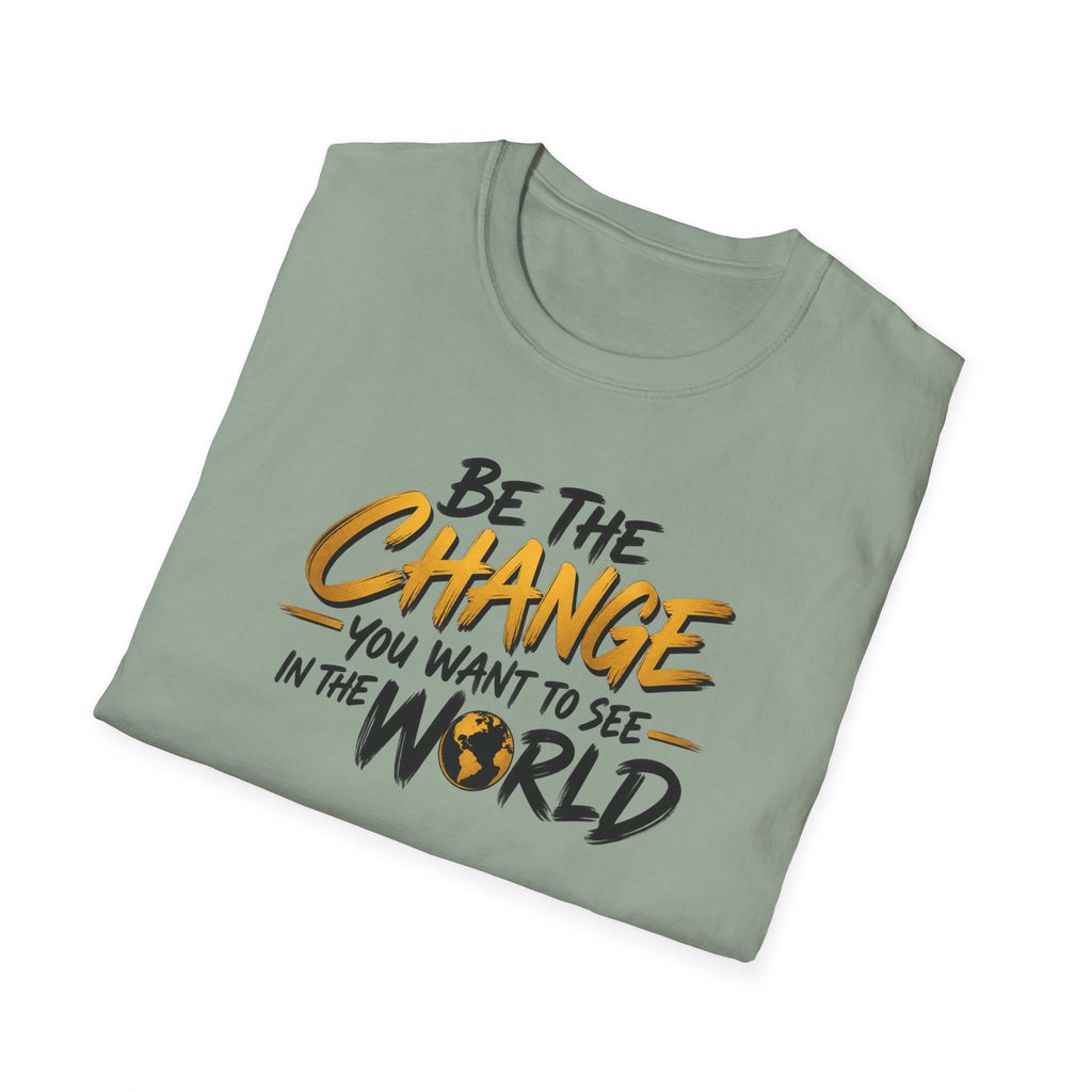 Satsandtripes.com Be the Change T-Shirt – Inspirational World Change Graphic Tee Sage Folded
