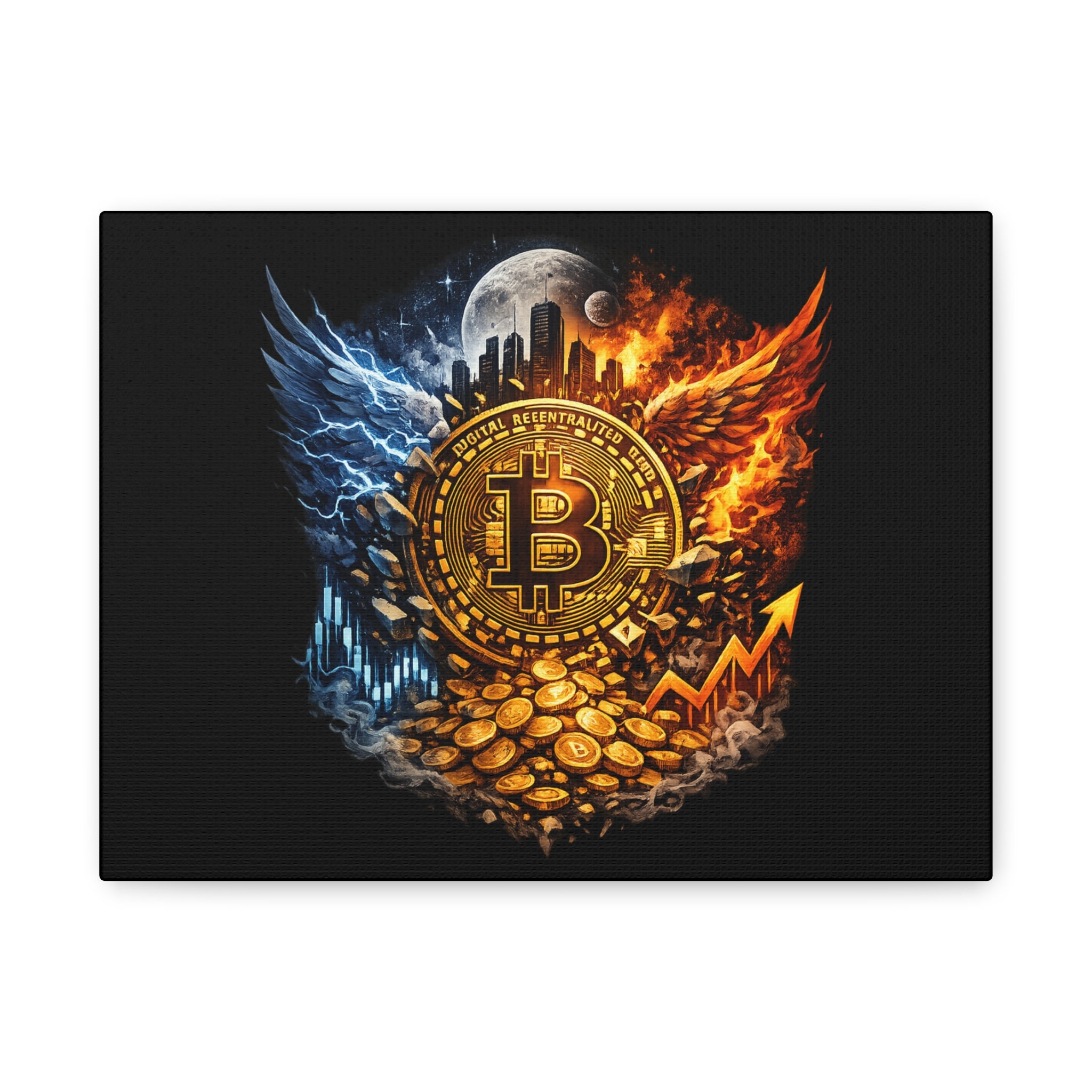 Bitcoin Flame and Ice Crest Canvas Bullish BTC Crypto Artwork Investor Wall Decor Cryptocurrency Canvas for Office 12 x 9