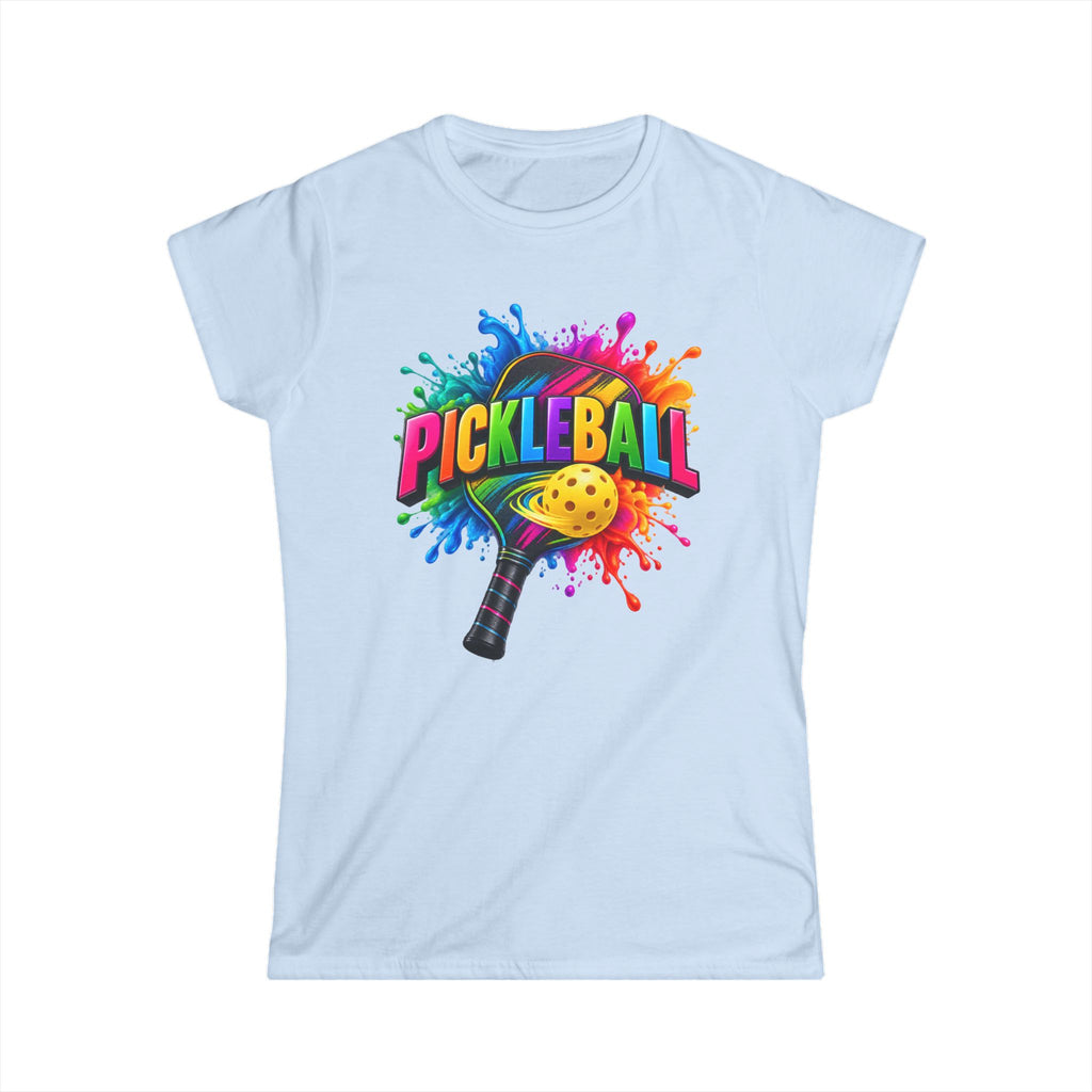 SatsandSripes.com Color Splash Pickleball Women’s SoftStyle T-Shirt – Bright Paddle & Ball Graphic Tee Light Blue