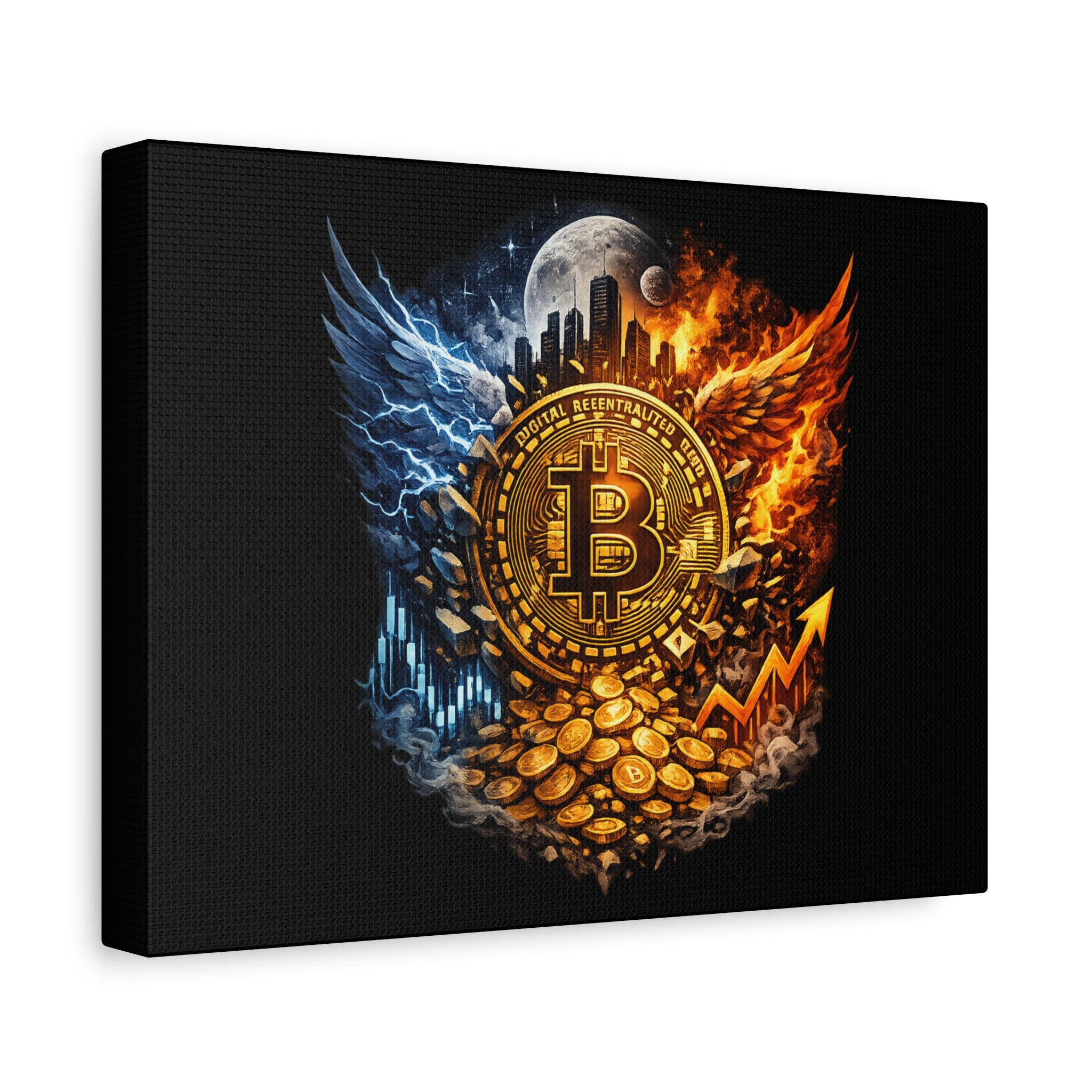 Bitcoin Flame and Ice Crest Canvas Bullish BTC Crypto Artwork Investor Wall Decor Cryptocurrency Canvas for Office 12 x 9