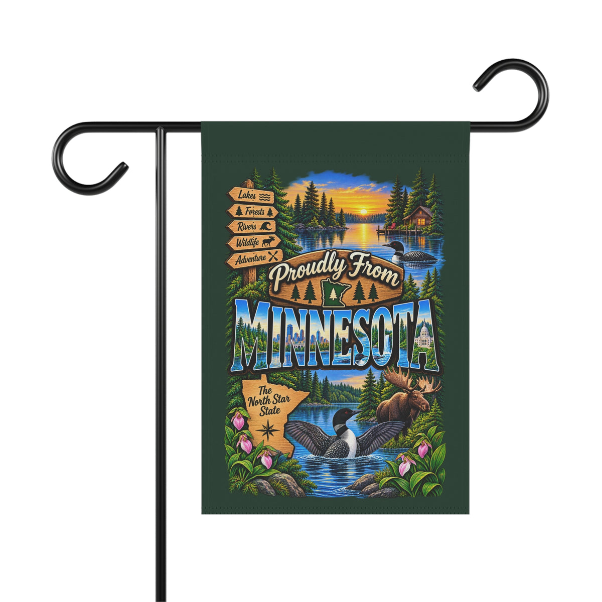 SatsandStripes.com Proudly From Minnesota Garden Flag 12 x 18 – North Star State Lakes, Loons & Moose Outdoor Decor