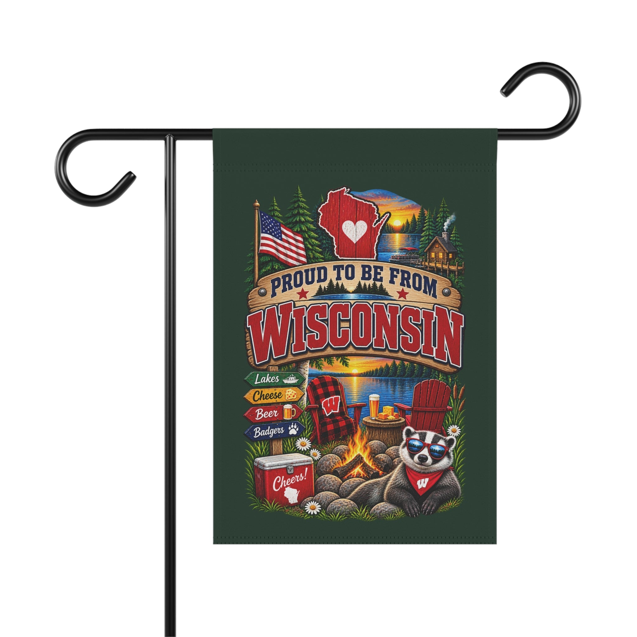 SatsandStripes.com Proud to Be From Wisconsin Garden Flag Rustic Lake Life, Cabin & Badger State Pride