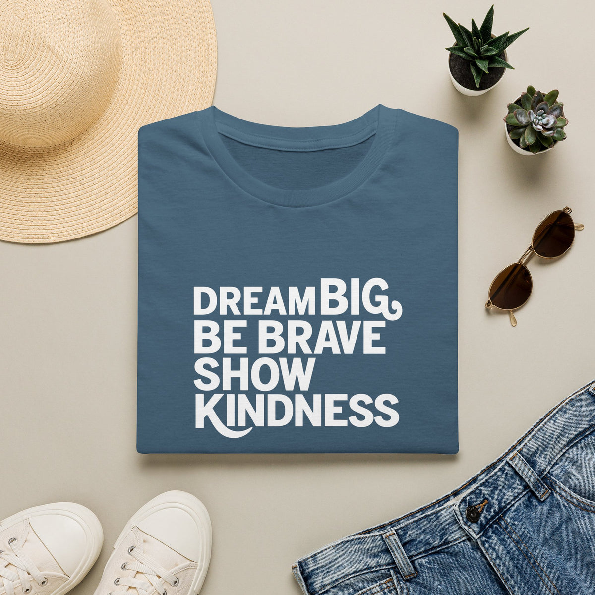 SatsandStripes.com Dream Big Be Brave Show Kindness Softstyle® T-Shirt Inspirational Positive Message Tee Indigo Blue Folded