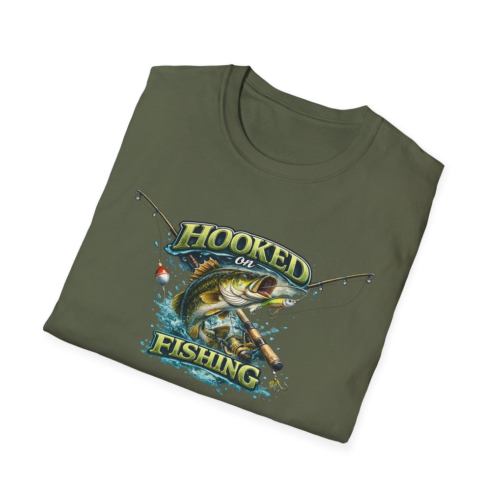 Hooked on Fishing T-Shirt Bass Fishing Graphic Tee for Anglers 8 colors 100% cotton