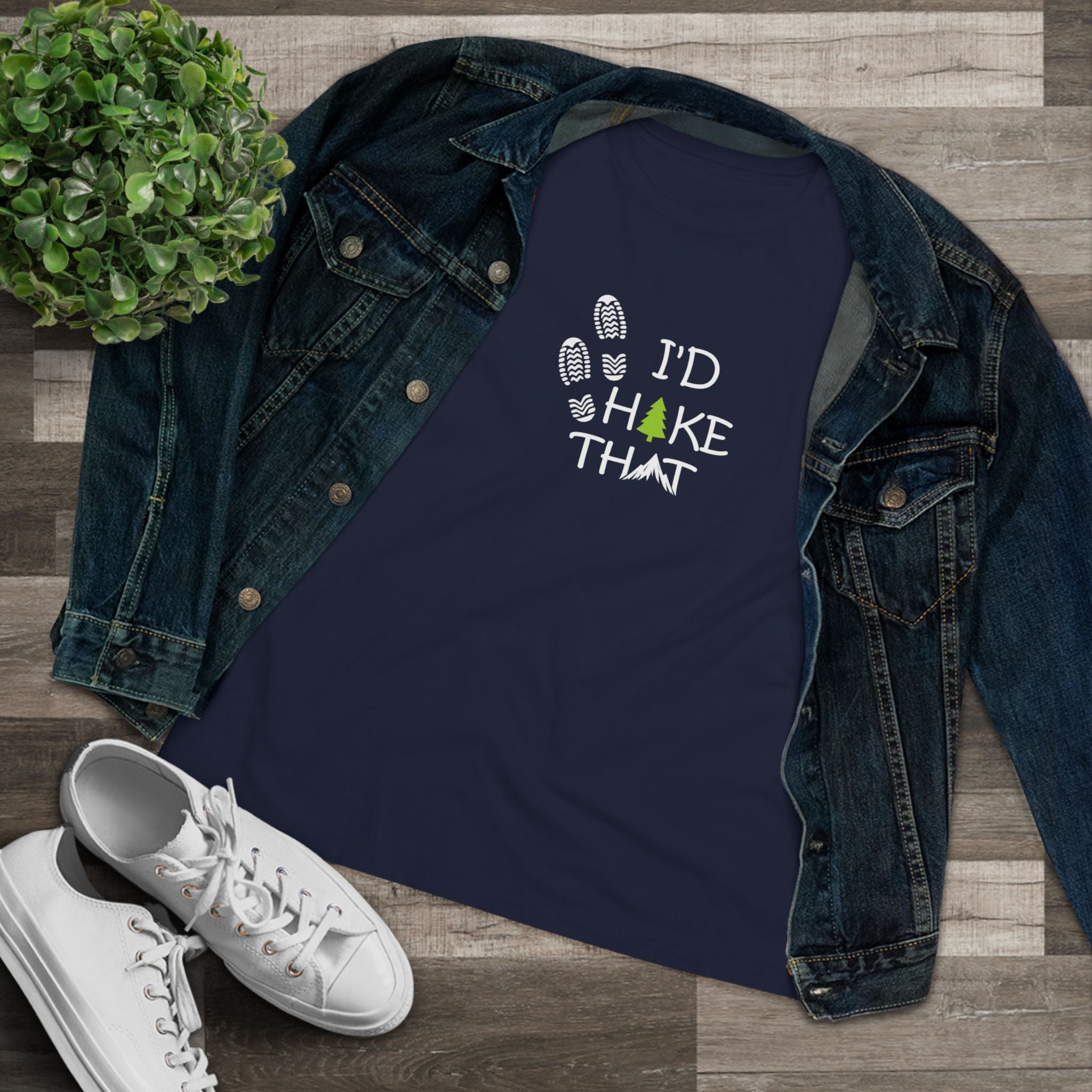 Sats and Stripes I'd Hike That Shirt Women's Hiking Tee Outdoor Nature Lover Gift Trail Lover Tee Navy with Jean Jacket