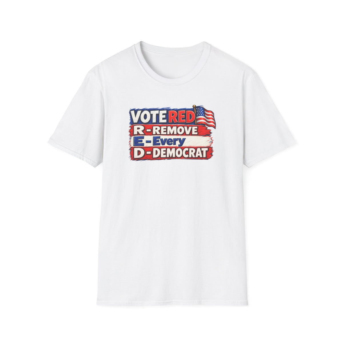 SatsandStripes.com Vote Red R.E.D. Political Graphic Softstyle® T-Shirt – Patriotic Red White & Blue Statement Tee White