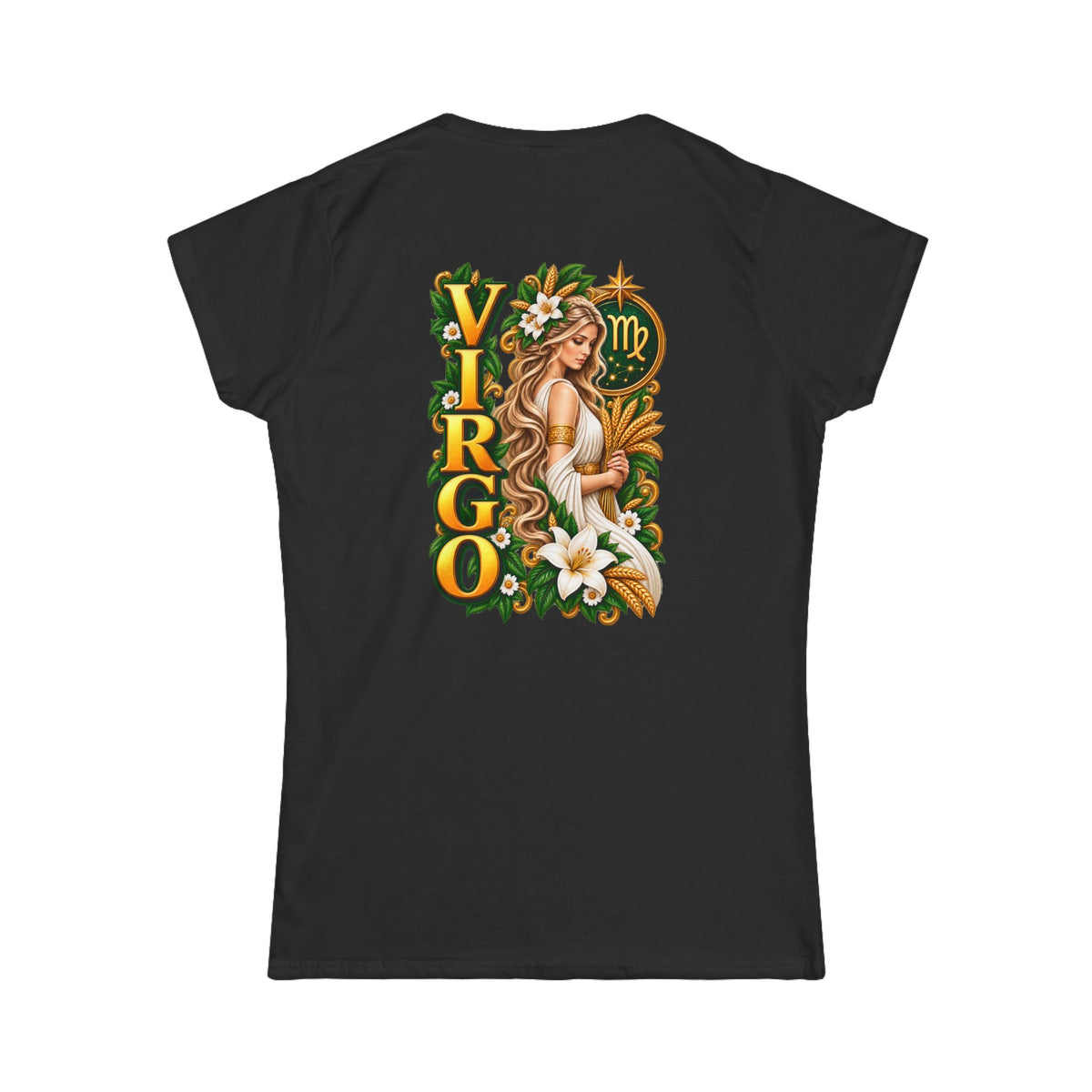 SatsandStripes.com Virgo Goddess Women’s T-Shirt – Zodiac Maiden Floral Astrology Tee August 23–September 22 Black