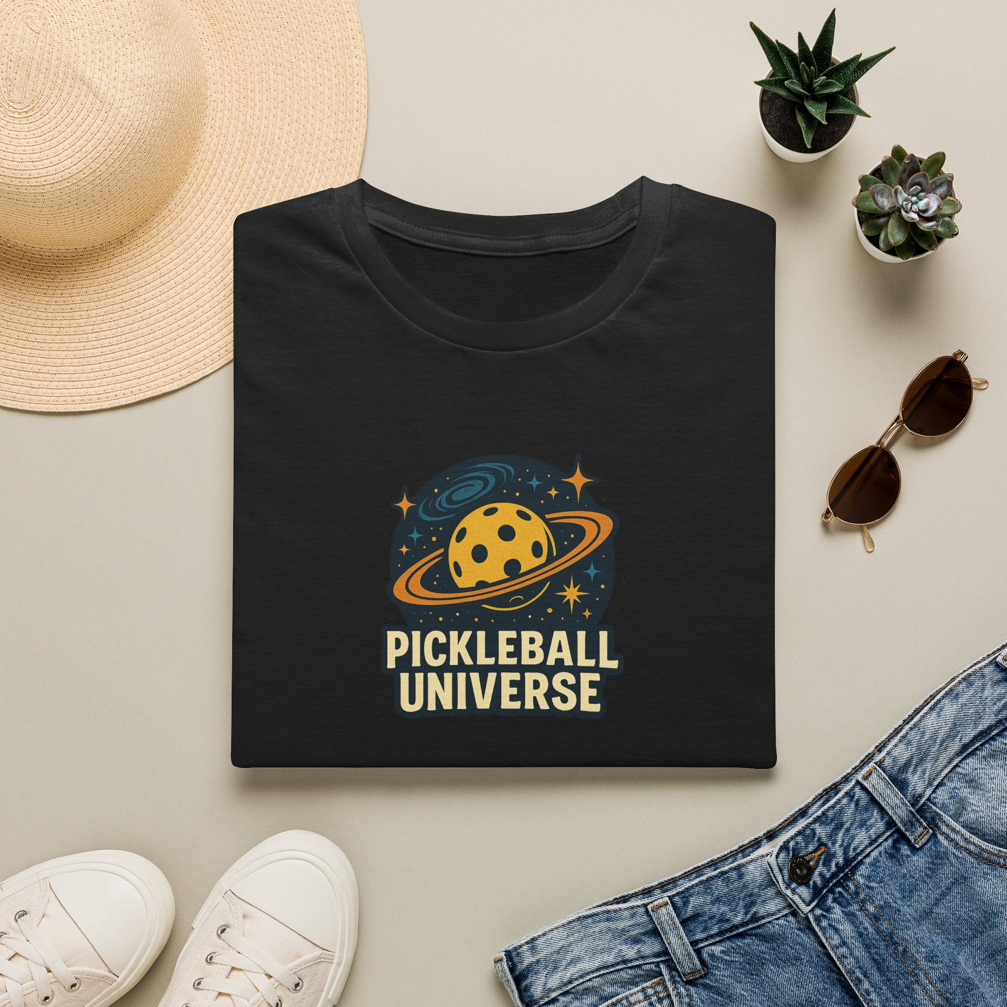 Sats and Stripes Pickleball Universe T-Shirt Fun Space Pickleball Graphic Tee Black Folded