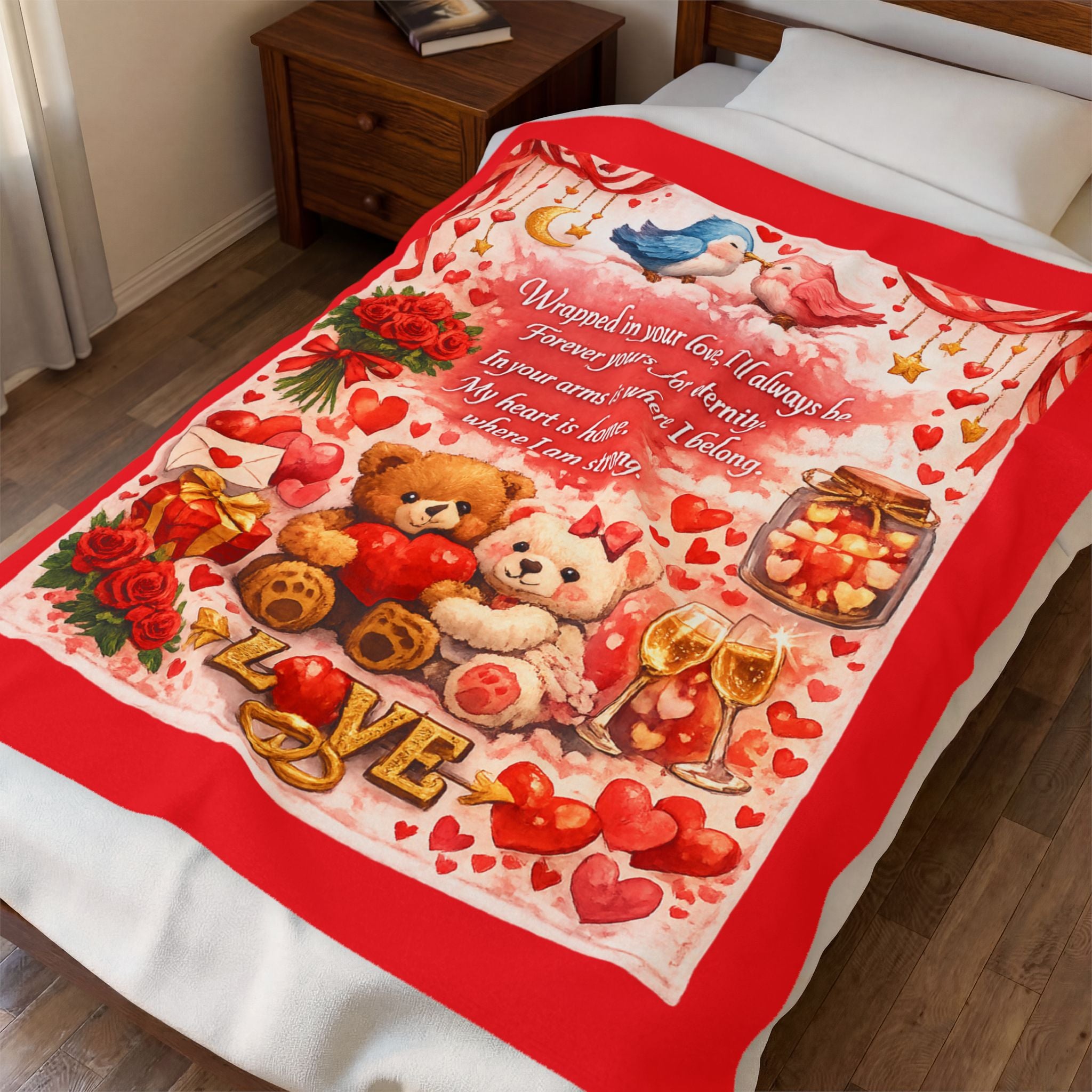 Romantic Love Throw Blanket Valentine Teddy Bears Heart Poem Cozy Gift for Couples Anniversary or Wedding Keepsake 50" x 60"