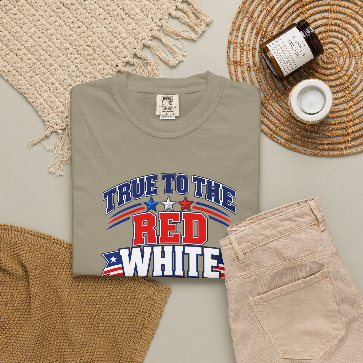 SatsandStripes.com True to the Red White and Blue Patriotic T-Shirt – American Flag USA Graphic Tee Sandstone Folded