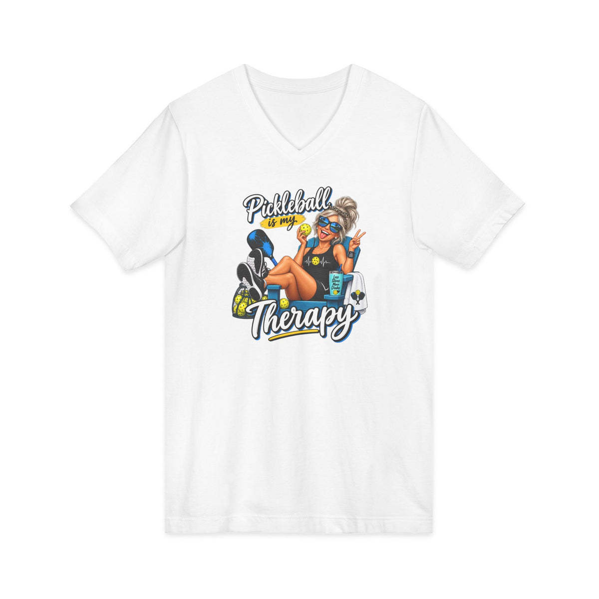 SatsandStripes.com Pickleball Is My Therapy Women’s V-Neck T-Shirt – Funny Pickleball Graphic Tee White