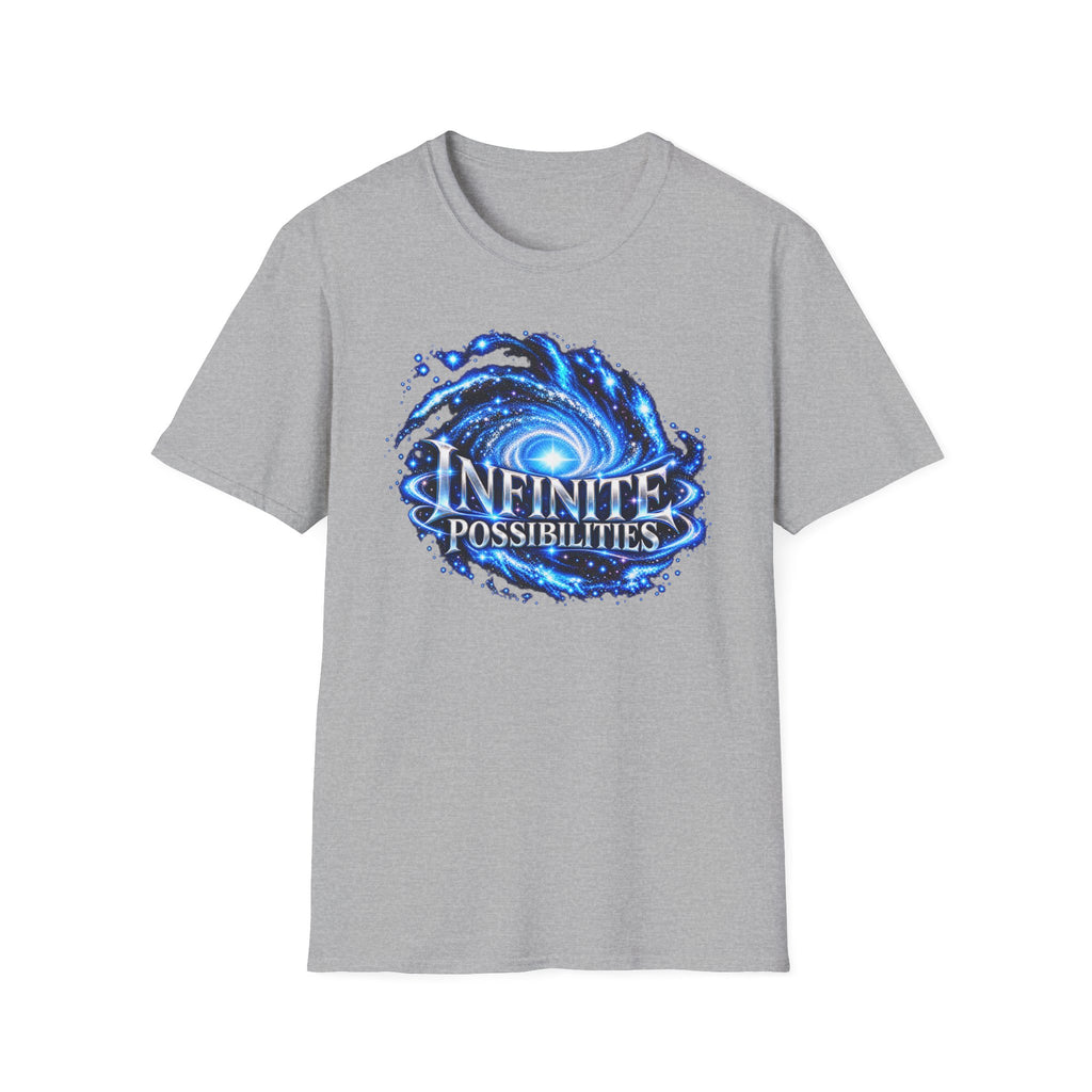 SatsandStripes.com Infinite Possibilities Galaxy Softstyle® T-Shirt – The Universe Has No Limits Neither Do You Tee Inspirational Space Lover Shirt Bold Celestial Streetwear Grey