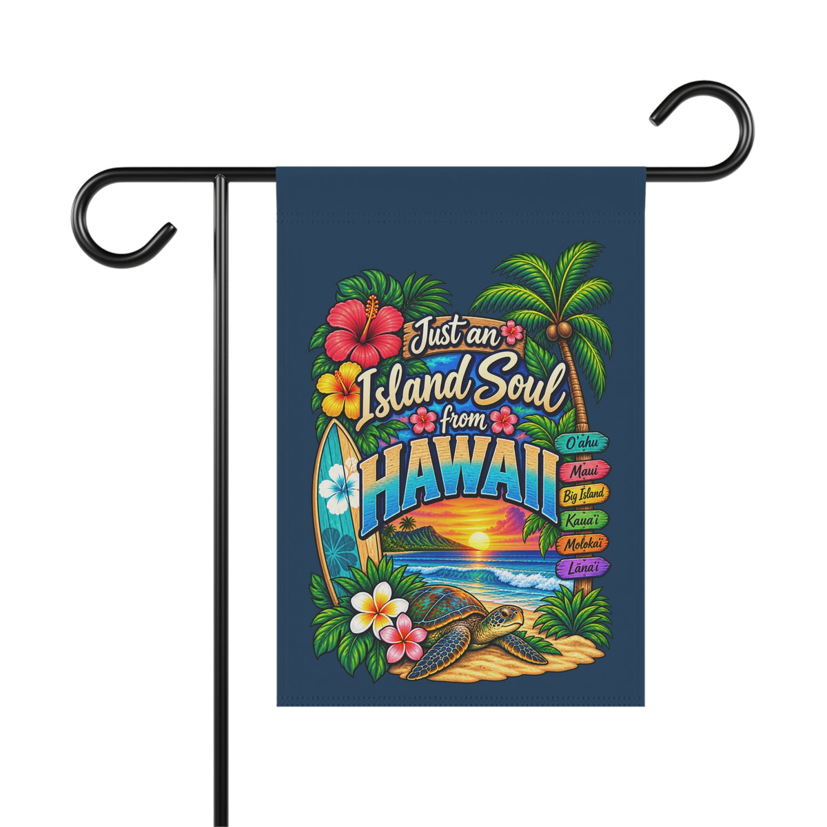 SatsandStripes.com Just an Island Soul From Hawaii Garden Flag – Tropical Aloha Turtle, Hibiscus & Surf Beach Yard Décor 12 x 18