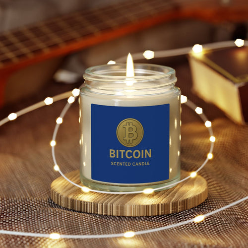 Sats and Stripes Bitcoin Logo Coconut-Apricot Wax Candle 4 oz & 9 oz Navy Label Clear Jar in context