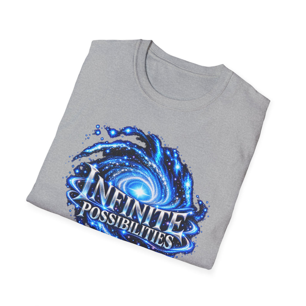SatsandStripes.com Infinite Possibilities Galaxy Softstyle® T-Shirt – The Universe Has No Limits Neither Do You Tee Inspirational Space Lover Shirt Bold Celestial Streetwear Grey Folded