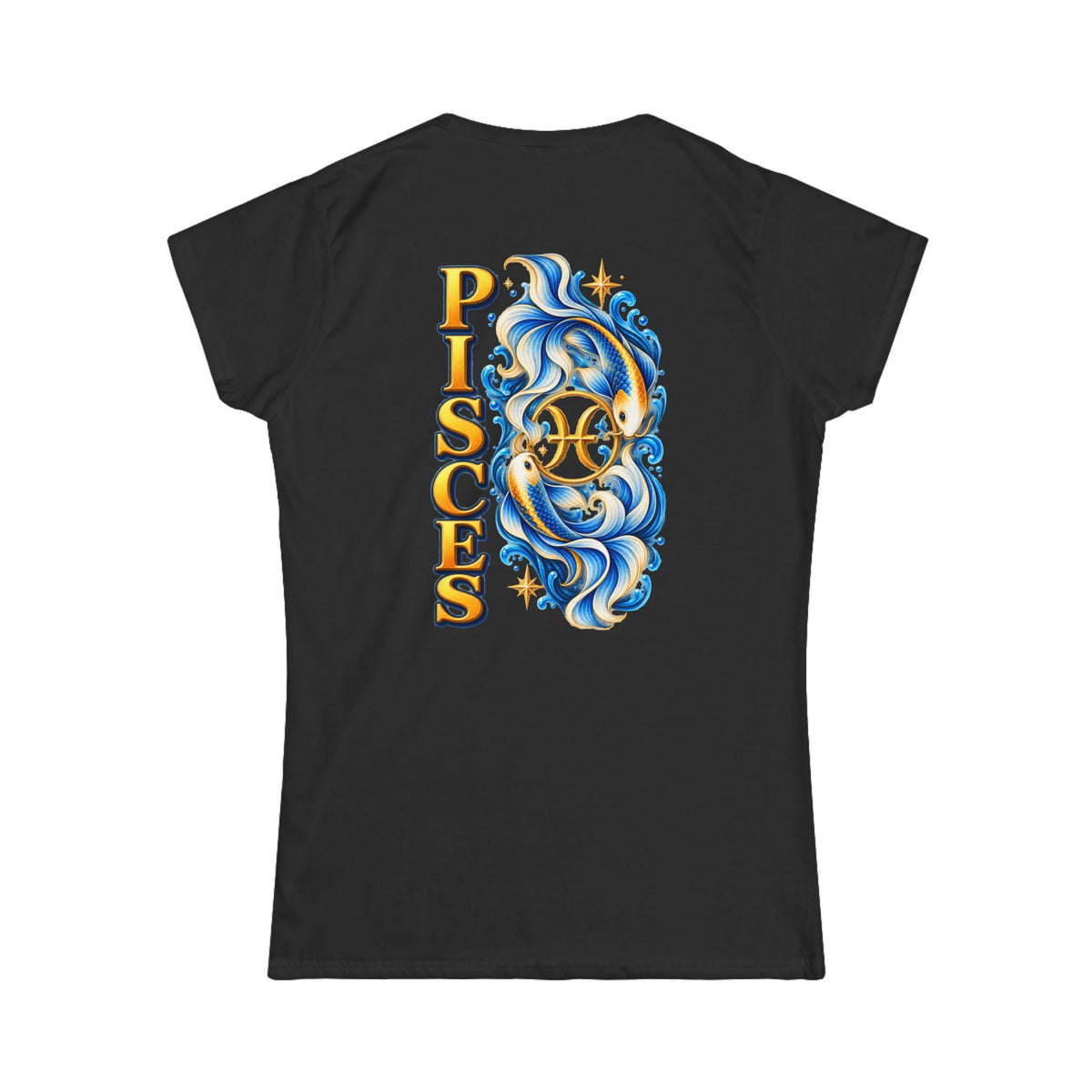 SatsandStripes.com Pisces Women’s Zodiac SoftStyle T-Shirt – Koi Fish & Ocean Astrology Graphic Tee Black
