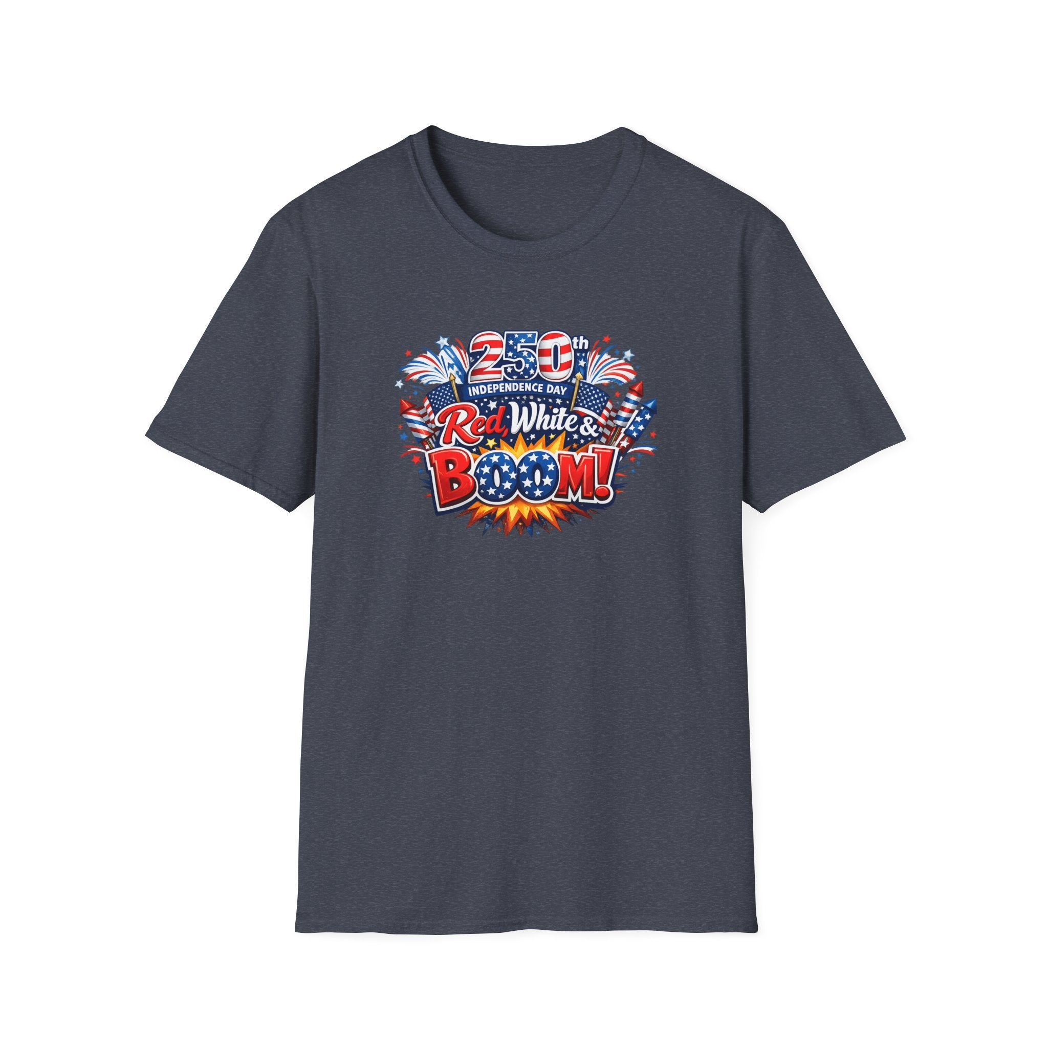 Sats and Stripes Red White & Boom 250th Anniversary Tee Patriotic 4th of July Fireworks Tee USA Charcoal