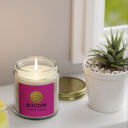 Sats and Stripes Bitcoin Logo Coconut-Apricot Wax Candle 4 oz & 9 oz Pink Label Clear Jar