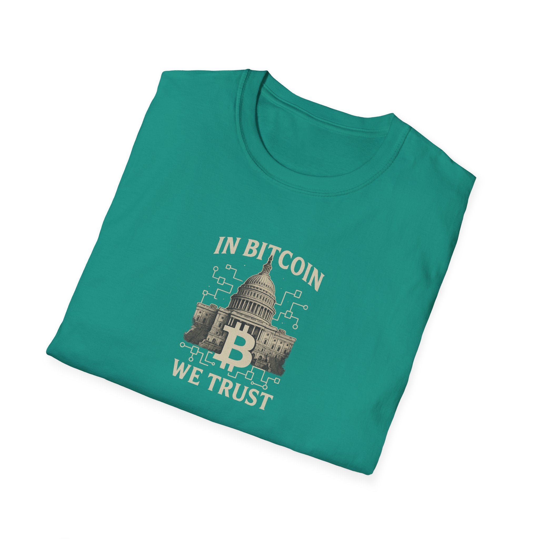 Sats and Stripes In Bitcoin We Trust Political Crypto T-Shirt Capitol Building & Blockchain Graphic Tee Teal Folded