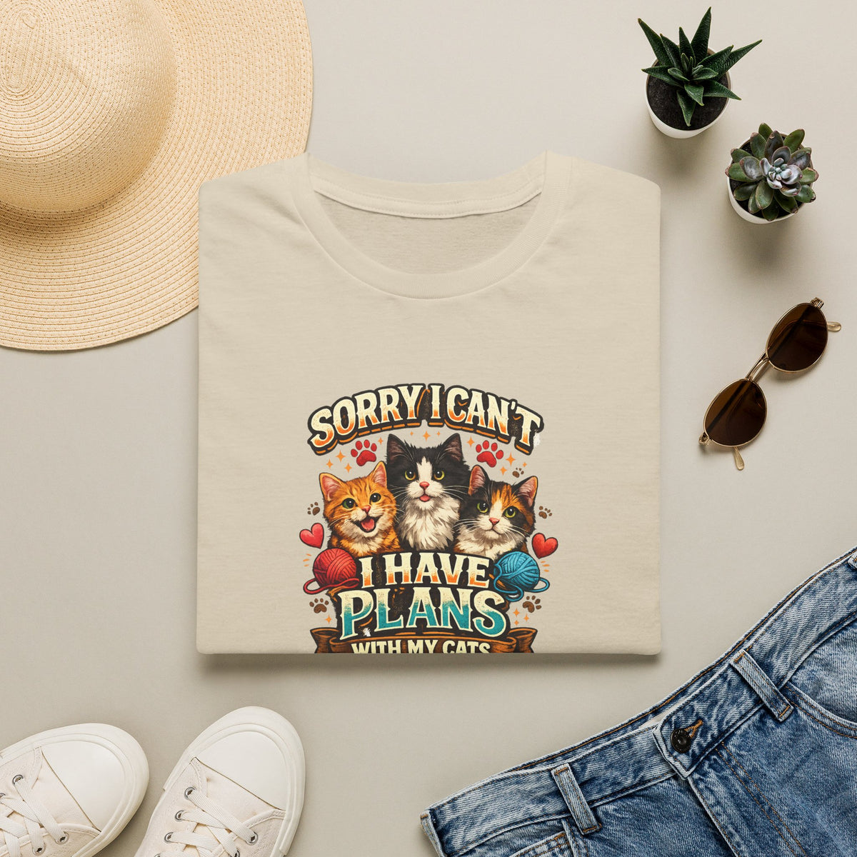 SatsandStripes.com Sorry I Can't I Have Plans With My Cats Expressive Cat Lover T-Shirt Funny Cat Mom Tee Cute Cat Shirt Sand
