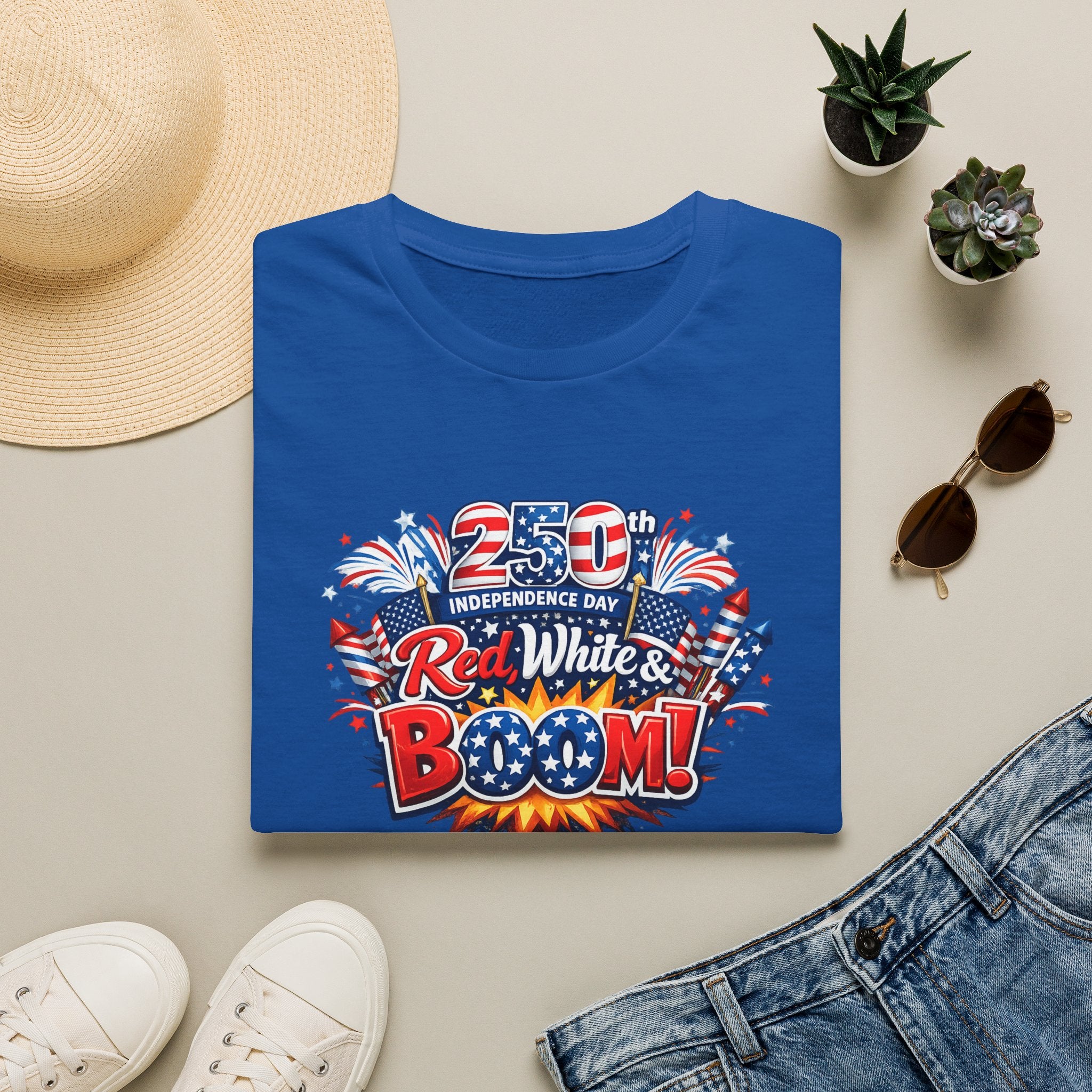 Sats and Stripes Red White & Boom 250th Anniversary Tee Patriotic 4th of July Fireworks Tee USA Blue  Folded