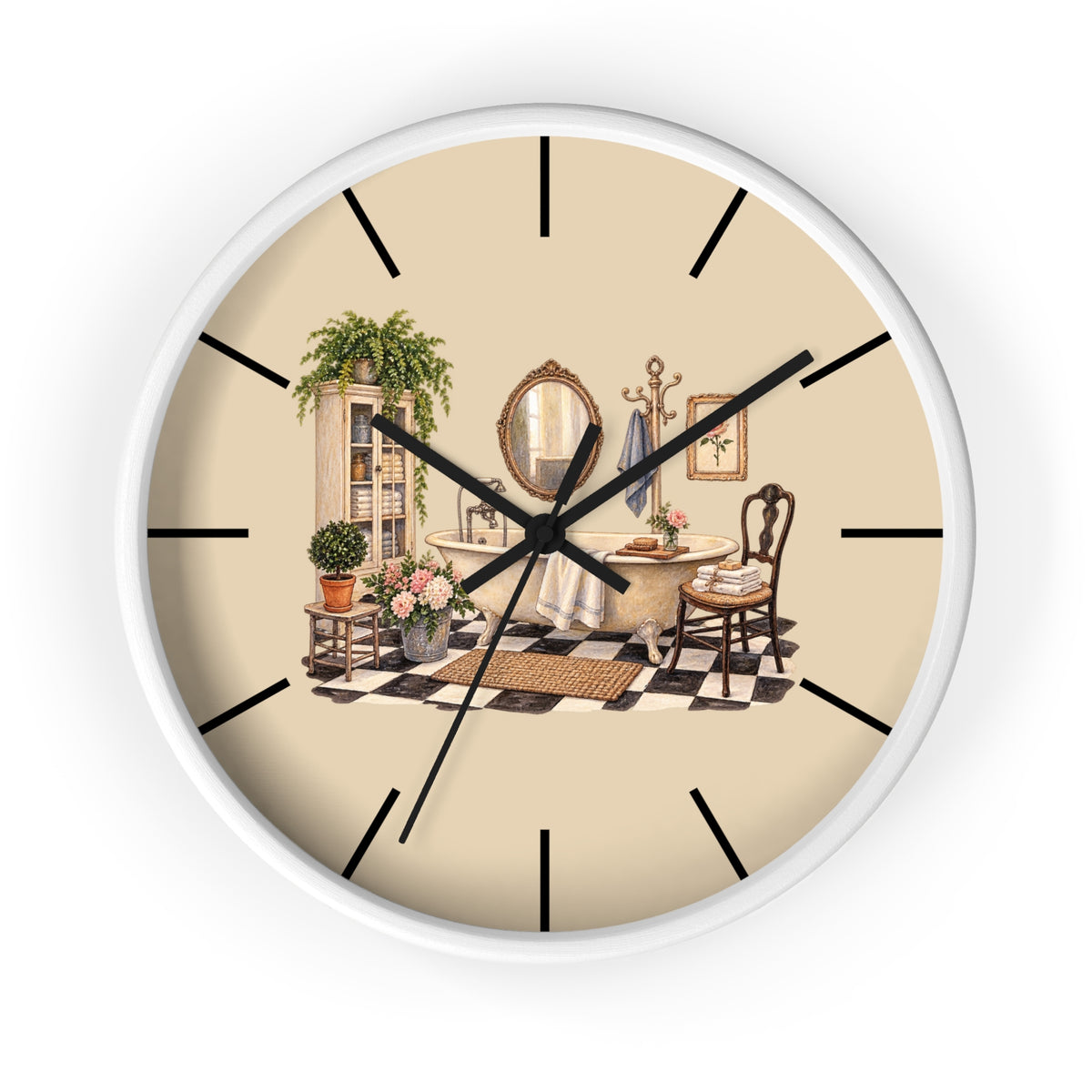 SatsandStripes.com Vintage Bathroom Wall Clock – French Country Bathtub Décor Silent 10" Clock