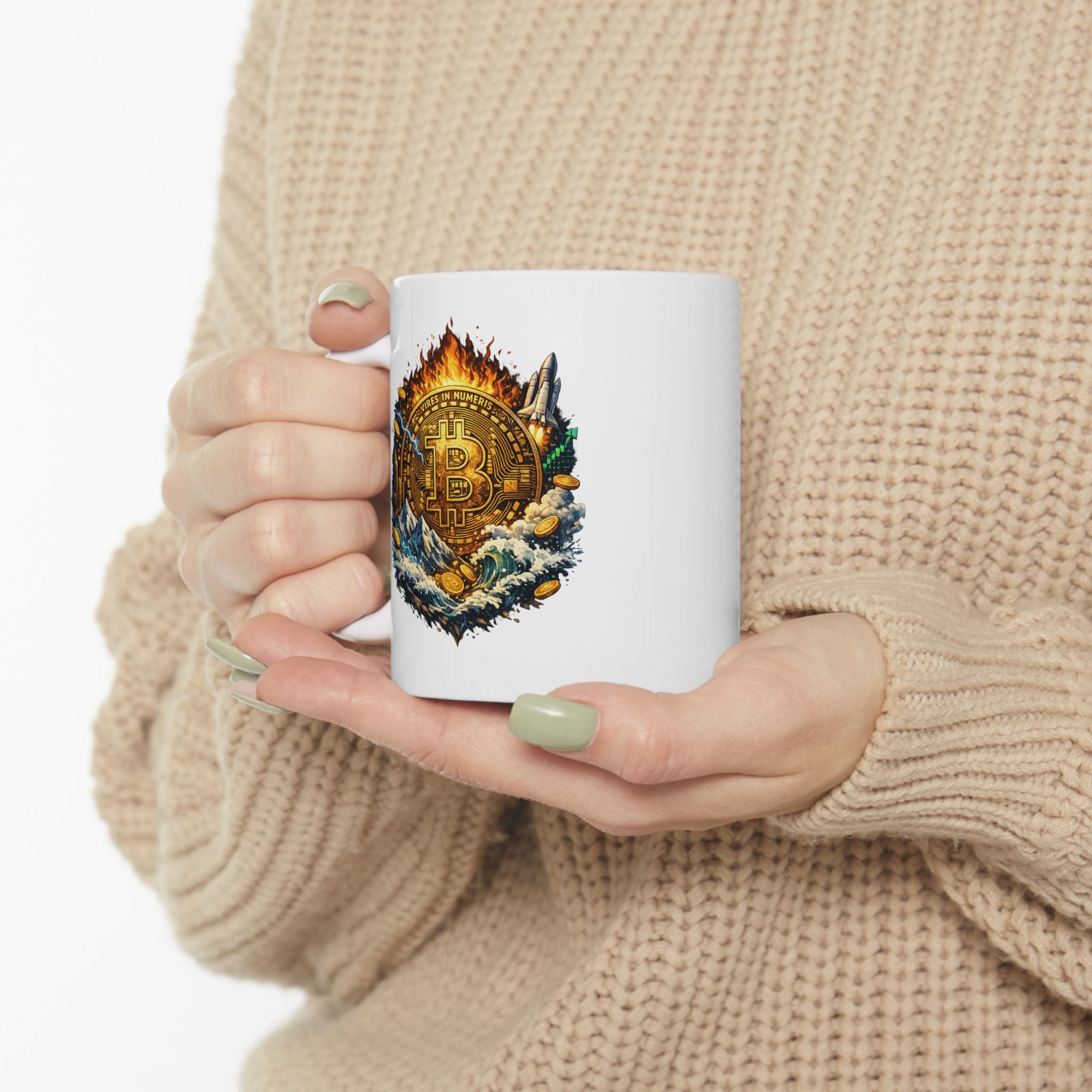 Bitcoin Coffee Mug Crypto Art Mug Fire & Water Bitcoin Design Cryptocurrency Gift BTC Lover Coffee Cup 11 oz.