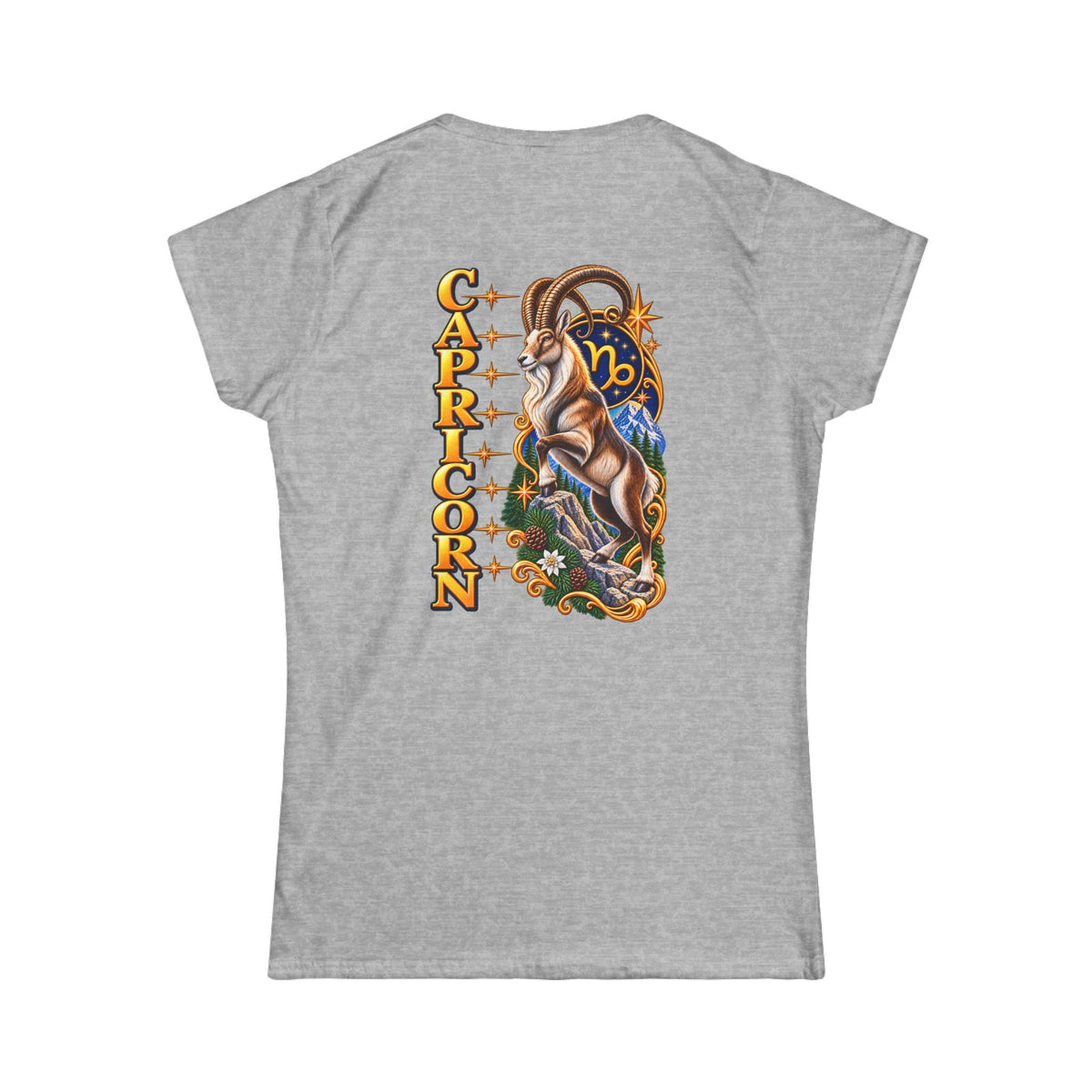 SatsandStripes.com Capricorn Women’s Zodiac SoftStyle T-Shirt – Bold Mountain Goat Astrology Tee, Dec 22–Jan 19 Birthday Gift Grey