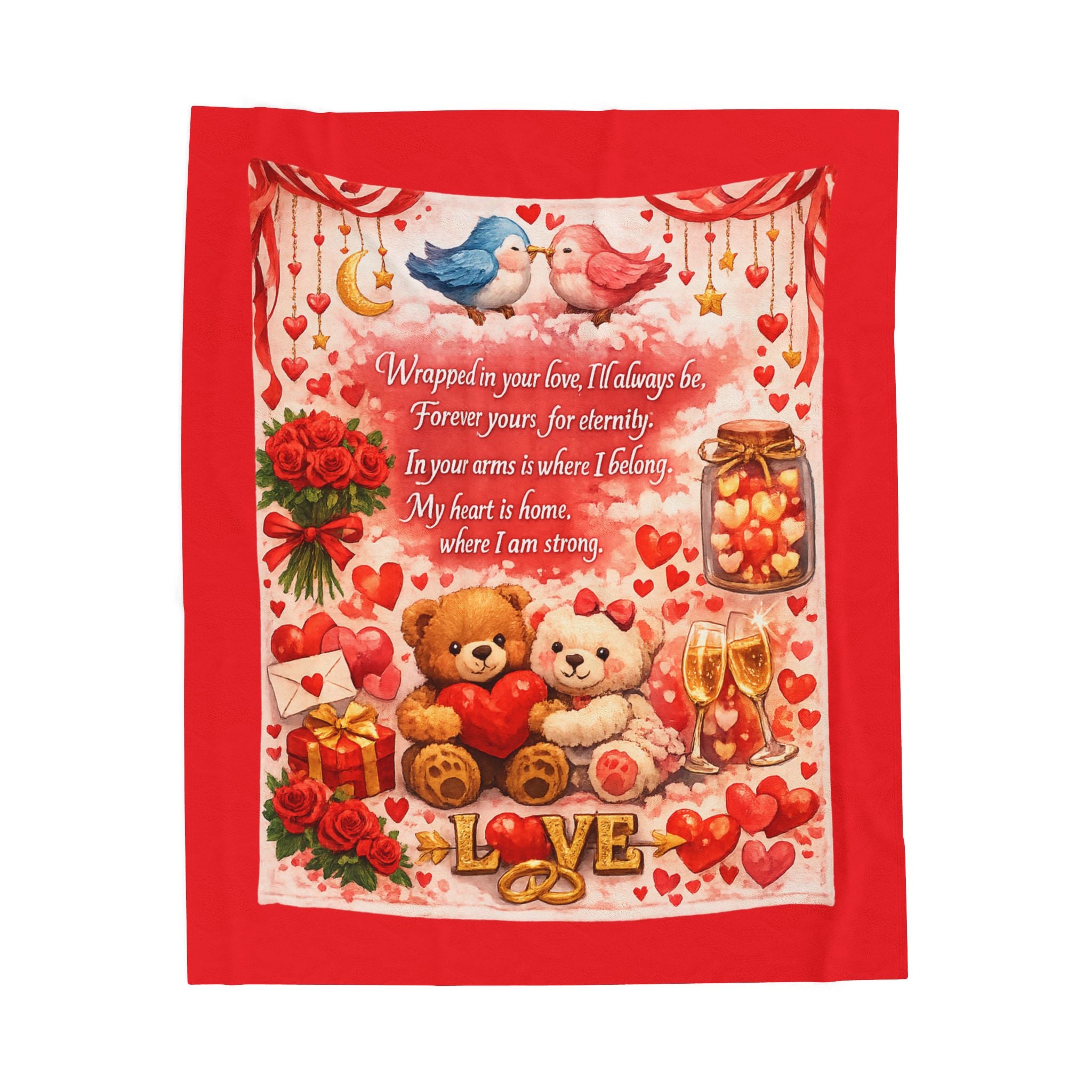 Romantic Love Throw Blanket Valentine Teddy Bears Heart Poem Cozy Gift for Couples Anniversary or Wedding Keepsake 50" x 60"