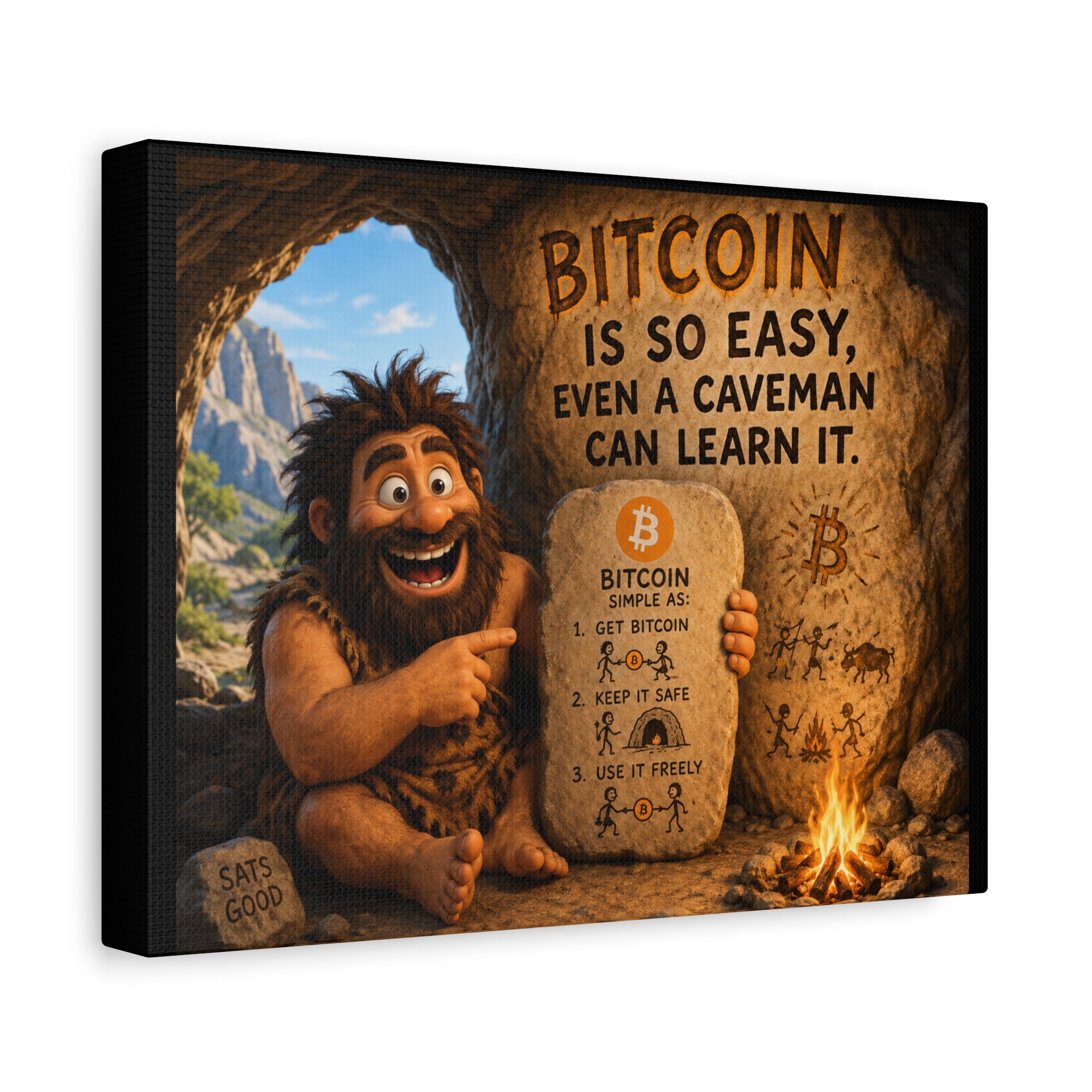 Sats and Stripes Humorous Bitcoin Caveman Canvas Wall Art 12 x 9