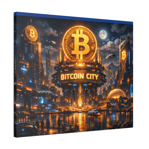 Bitcoin City Futuristische Skyline Leinwand | Massivholzrahmen 24 x 20