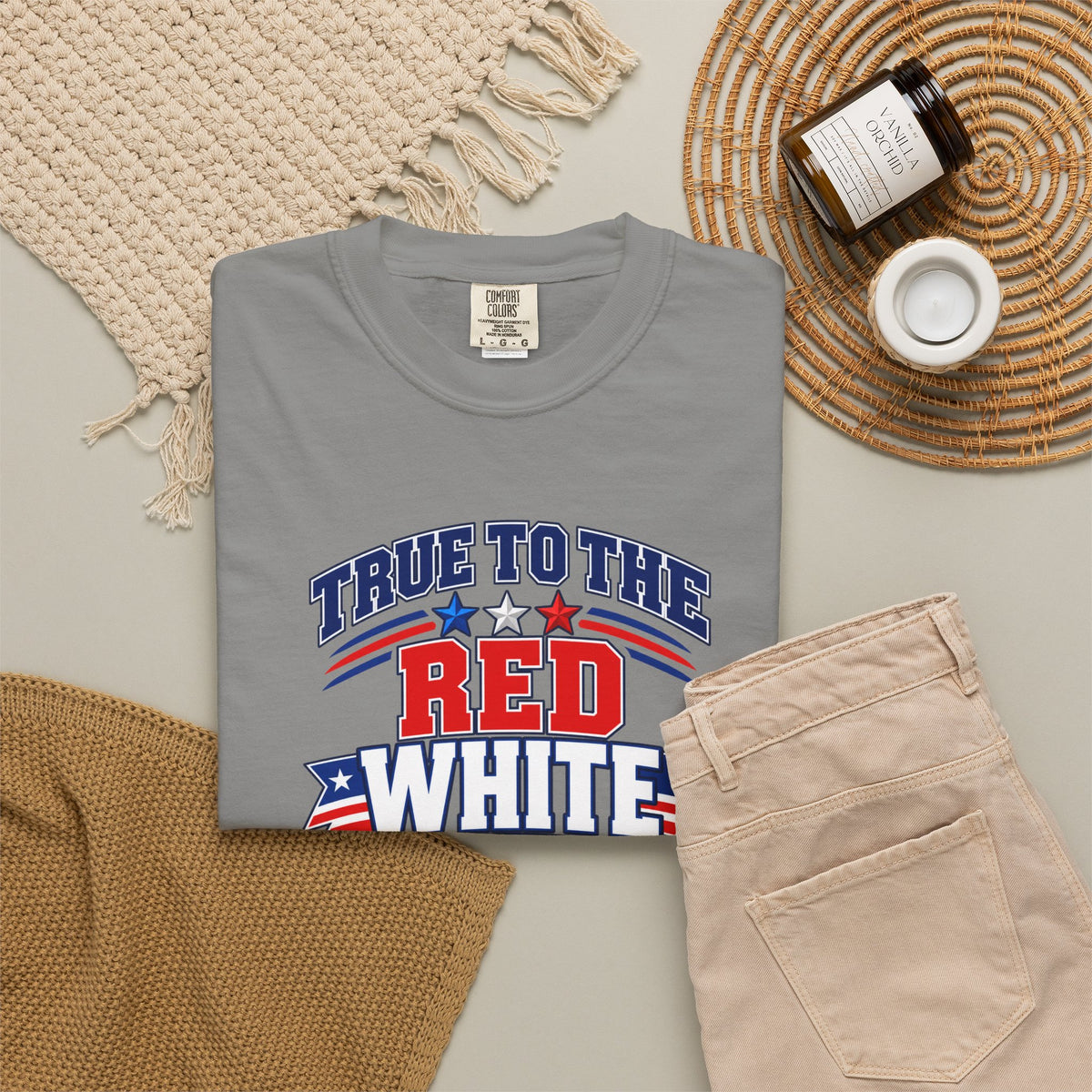 SatsandStripes.com True to the Red White and Blue Patriotic T-Shirt – American Flag USA Graphic Tee Grey Folded