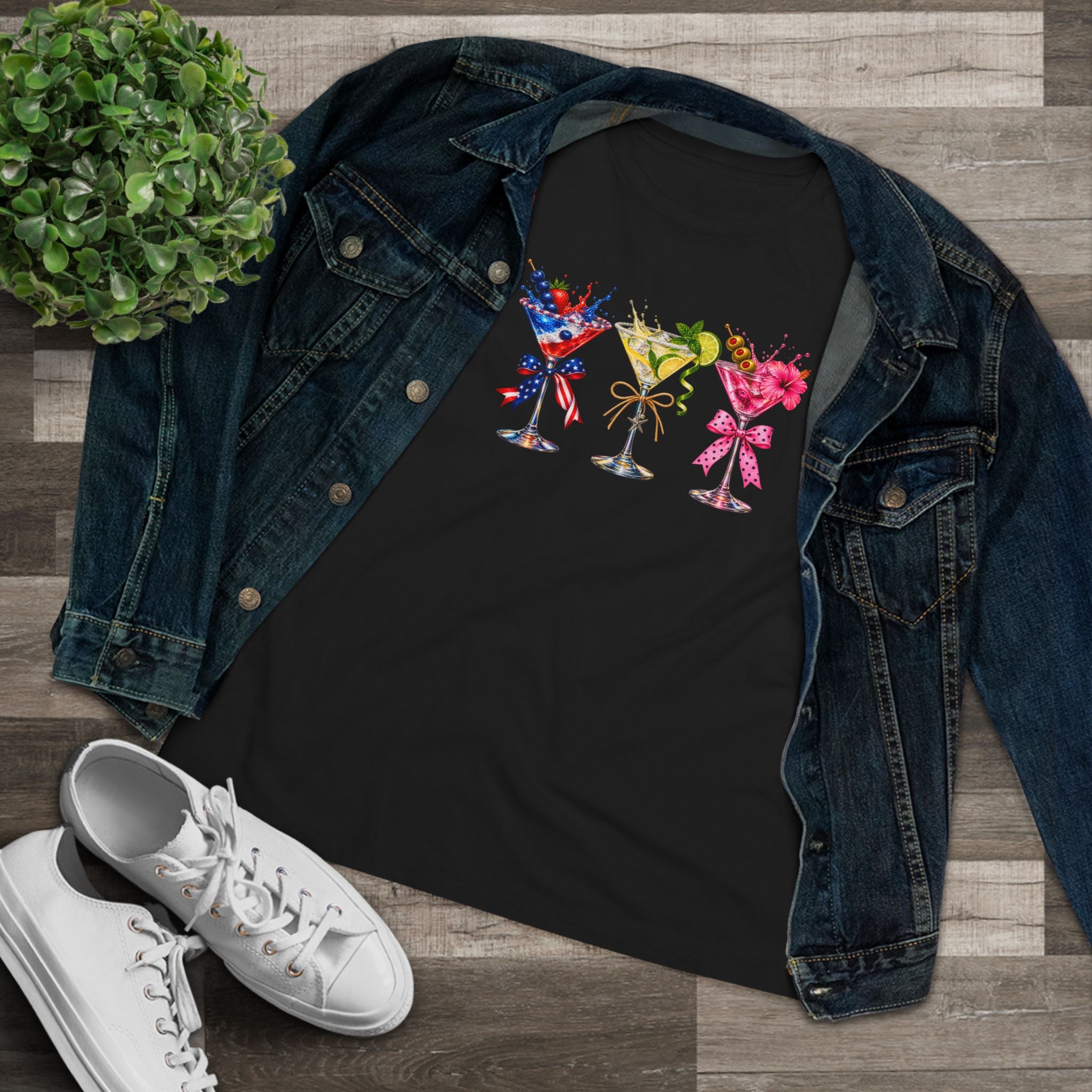 SatsandStripes.com Three Martini Glasses Women's T-Shirt Colorful Cocktail Lover Graphic Tee Black with Jean Jacket