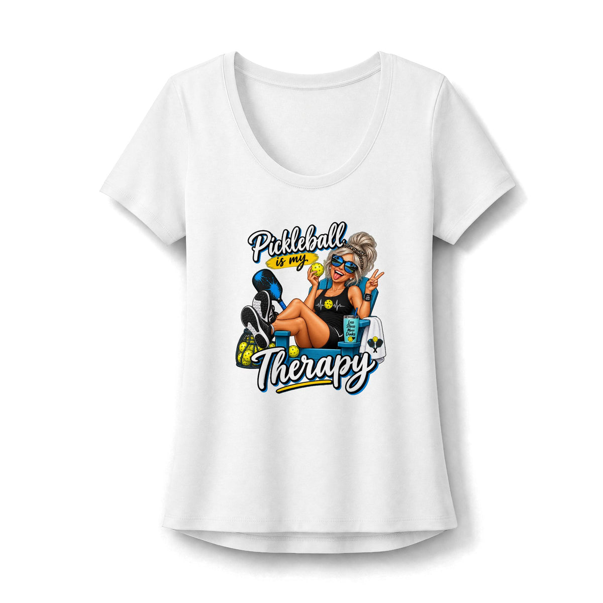 SatsandStripes.com Pickleball Is My Therapy Women’s Flex Scoop Stretch Tee – Funny Pickleball Shirt 3 Colors Cotton/Polyester/Spandex Blend White