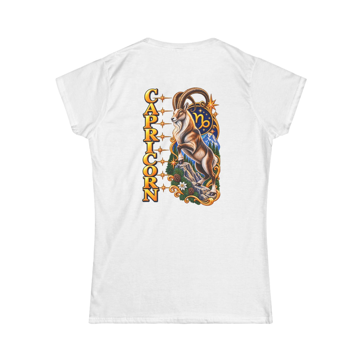 SatsandStripes.com Capricorn Women’s Zodiac SoftStyle T-Shirt – Bold Mountain Goat Astrology Tee, Dec 22–Jan 19 Birthday Gift White