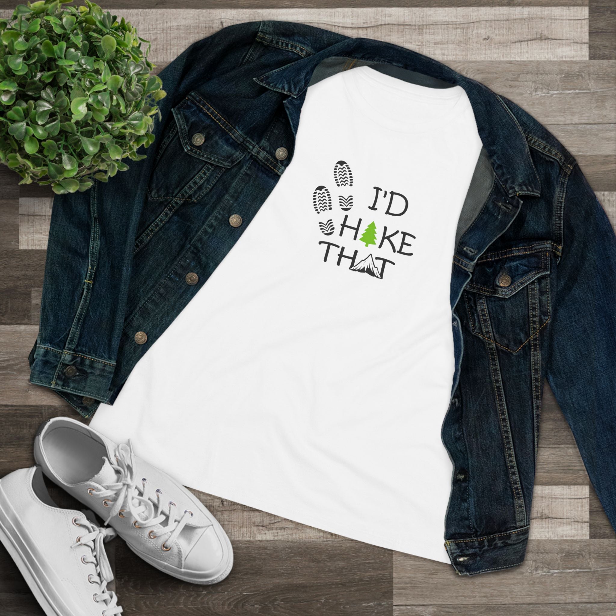 Sats and Stripes I'd Hike That Shirt Women's Hiking Tee Outdoor Nature Lover Gift Trail Lover Tee White with Jean Jacket