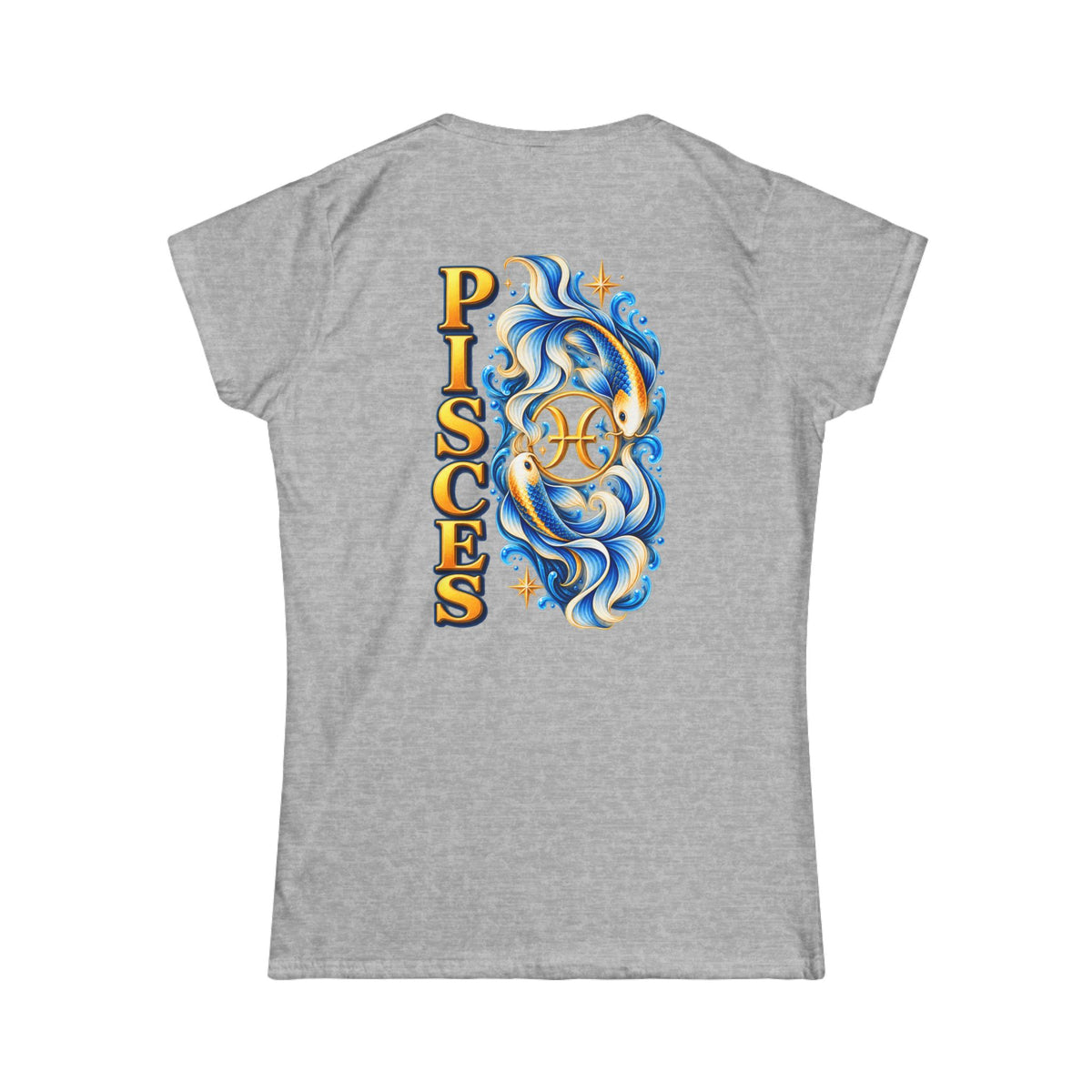 SatsandStripes.com Pisces Women’s Zodiac SoftStyle T-Shirt – Koi Fish & Ocean Astrology Graphic Tee Grey