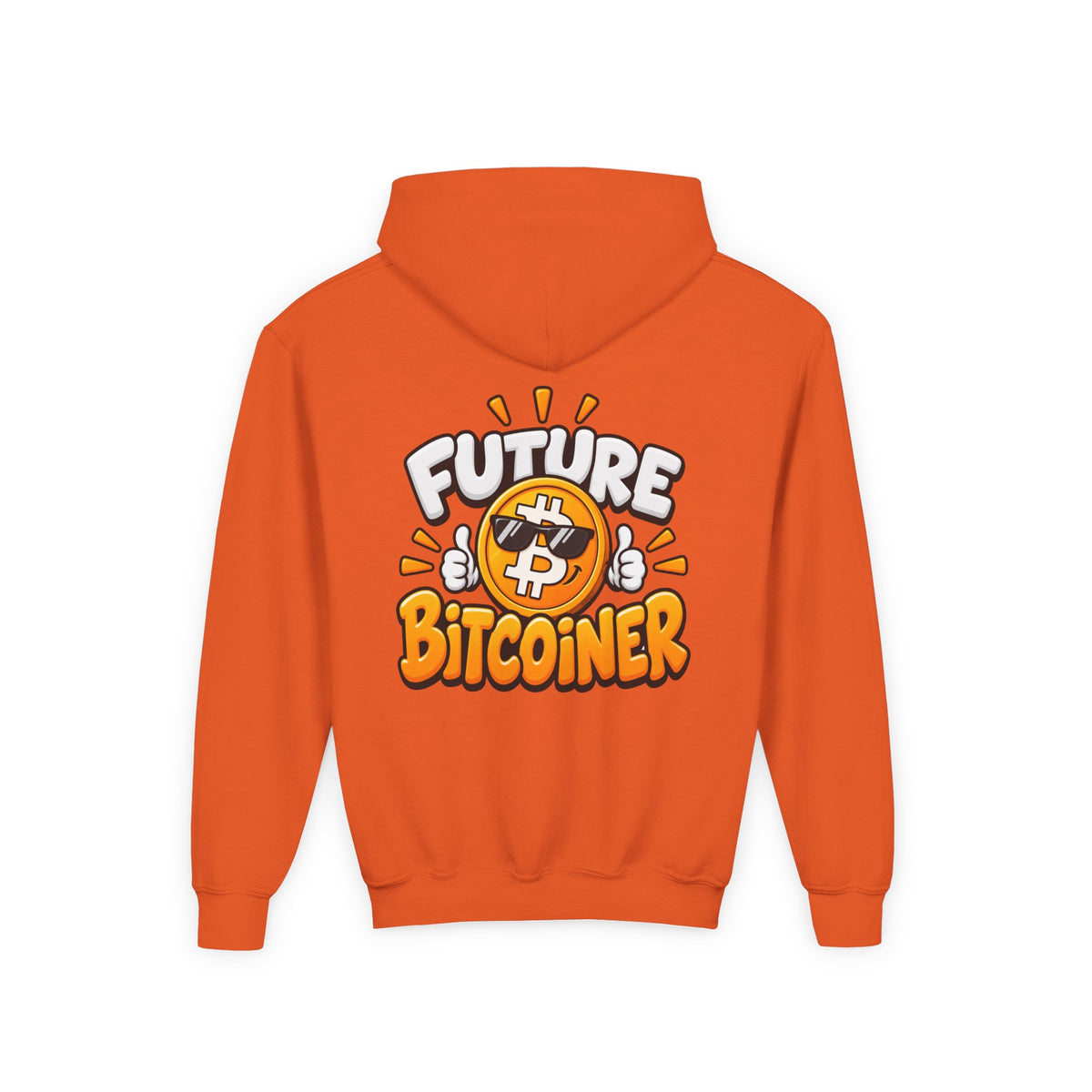 SatsandStripes.com Future Bitcoiner Youth Hoodie – Kids Bitcoin Sweatshirt Orange