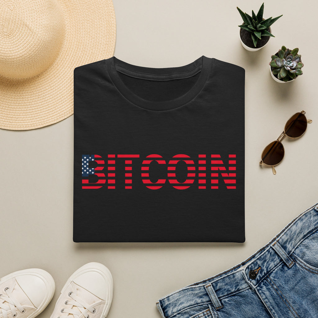 Sats and Stripes Patriotic Bitcoin & Freedom Stars Stripes and Sound Money T-shirt Black Folded